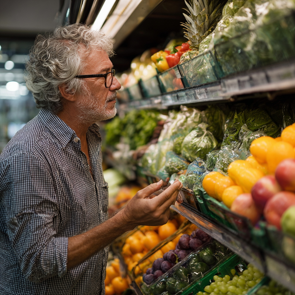 Чоловік 58 років вибирає здорові продукти в супермаркеті