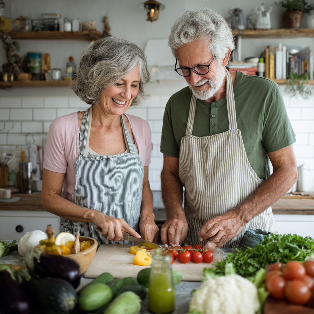 Пара у віці 55-60 років готує здорову їжу разом на кухні