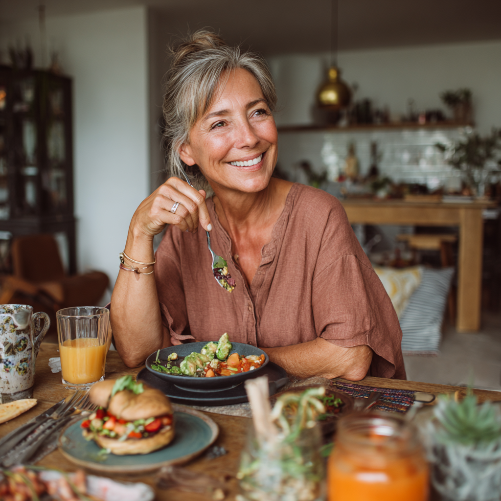 Жінка 52 років насолоджується здоровою їжею за столом