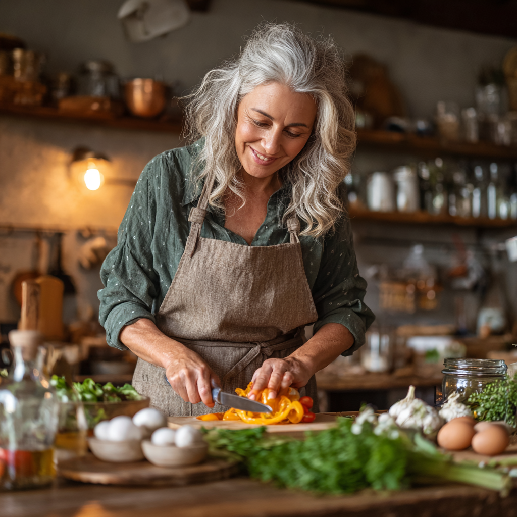 Жінка у віці 55 років готує здорову їжу на кухні